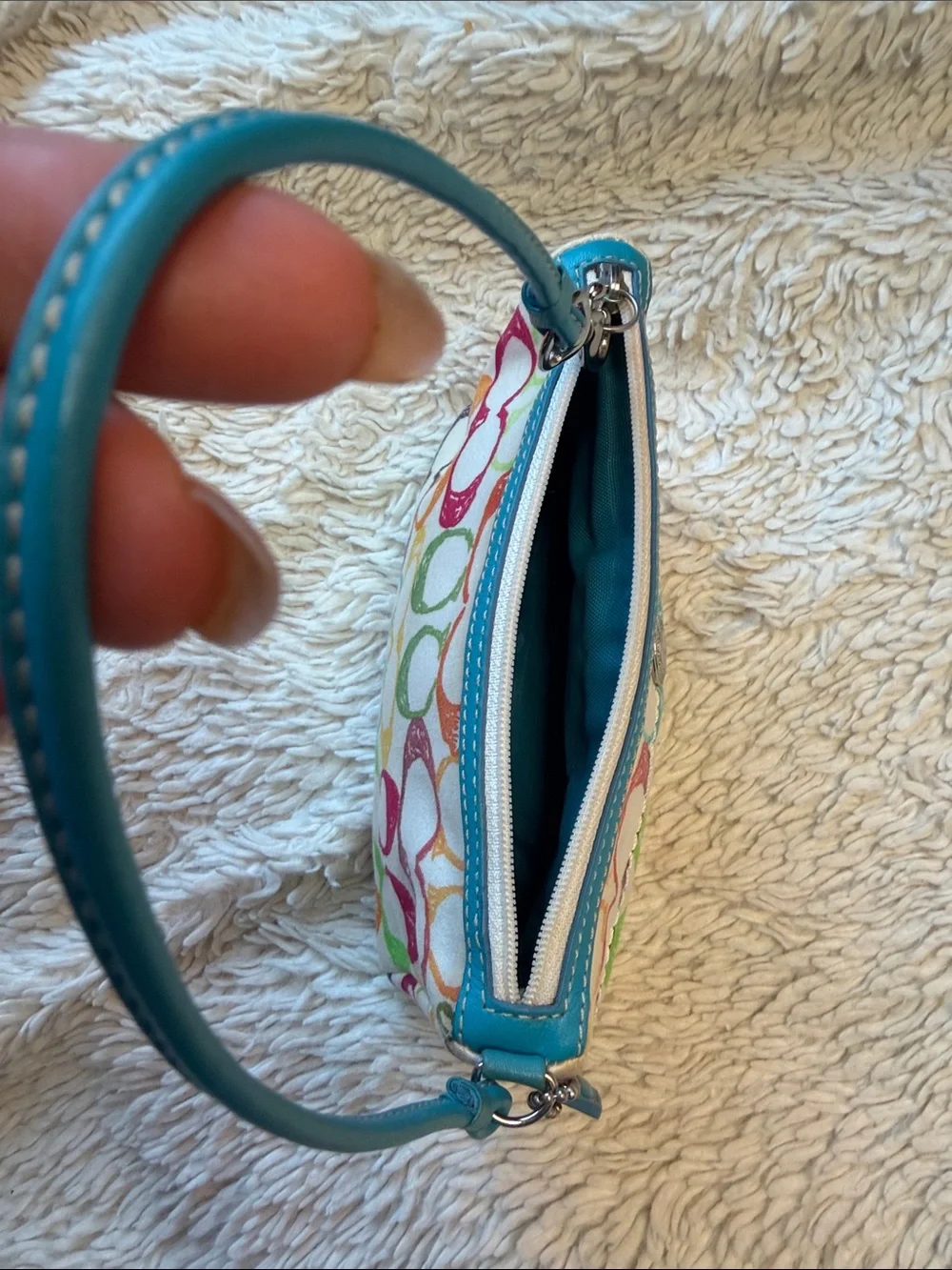 Vintage Coach Poppy Scribble Wristlet/Clutch~Aqua Leather/Soft Canvas
